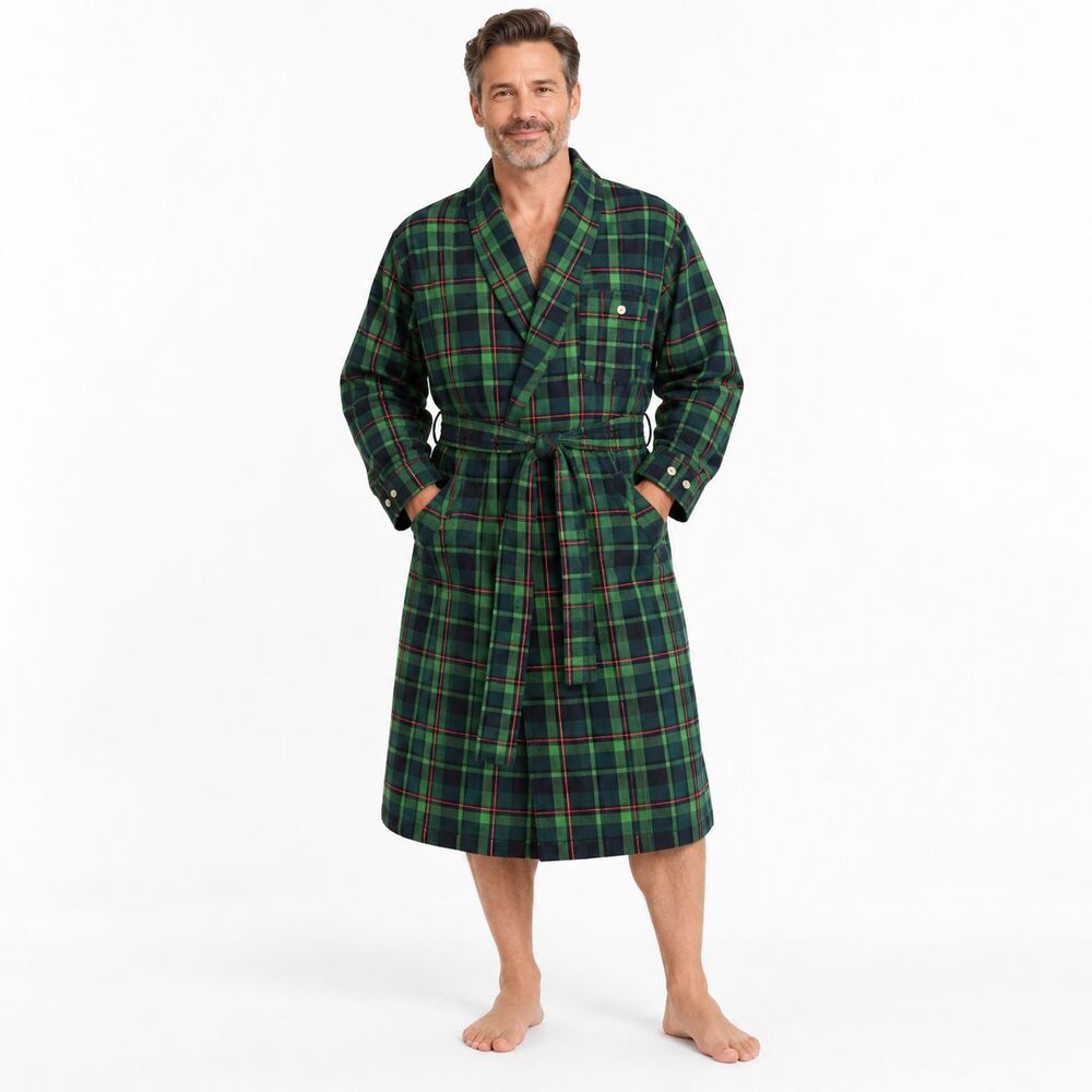 Duluth Trading Co Men's XL Flannel Robe Green Plaid Cotton Belted Housecoat